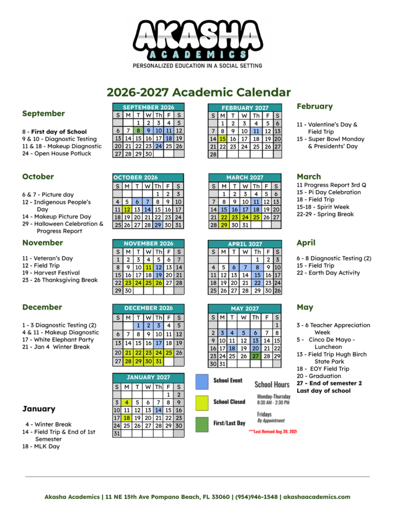 Akasha Academics 2026-2027 academic calendar (opens the PDF)
